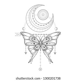 Vector illustration with hand drawn butterfly and Sacred geometric symbol on white background. Abstract mystic sign. Black linear shape. For you design, tattoo or magic craft.