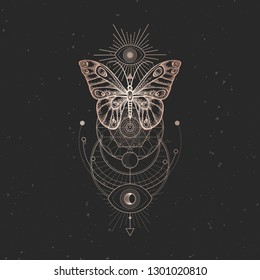Vector illustration with hand drawn butterfly and Sacred geometric symbol on black vintage background. Abstract mystic sign. Gold linear shape. For you design or magic craft.
