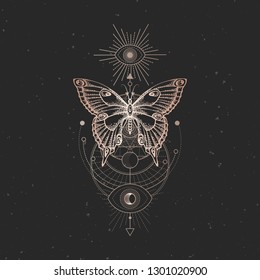 Vector illustration with hand drawn butterfly and Sacred geometric symbol on black vintage background. Abstract mystic sign. Gold linear shape. For you design or magic craft.