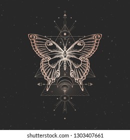Vector illustration with hand drawn butterfly and Sacred geometric symbol on black vintage background. Abstract mystic sign. Gold linear shape. For you design or magic craft.