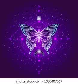 Vector illustration with hand drawn butterfly and Sacred geometric symbol against night starry sky. Abstract mystic sign. Linear shape. For you design or magic craft.