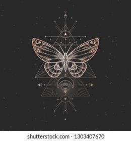 Vector illustration with hand drawn butterfly and Sacred geometric symbol on black vintage background. Abstract mystic sign. Gold linear shape. For you design or magic craft.