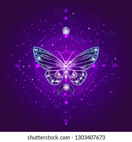 Vector illustration with hand drawn butterfly and Sacred geometric symbol against night starry sky. Abstract mystic sign. Linear shape. For you design or magic craft.