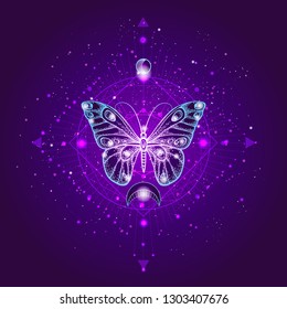 Vector illustration with hand drawn butterfly and Sacred geometric symbol against night starry sky. Abstract mystic sign. Linear shape. For you design or magic craft.