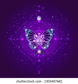 Vector illustration with hand drawn butterfly and Sacred geometric symbol against night starry sky. Abstract mystic sign. Linear shape. For you design or magic craft.