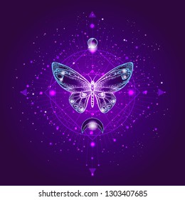 Vector illustration with hand drawn butterfly and Sacred geometric symbol against night starry sky. Abstract mystic sign. Linear shape. For you design or magic craft.