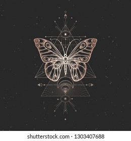 Vector illustration with hand drawn butterfly and Sacred geometric symbol on black vintage background. Abstract mystic sign. Gold linear shape. For you design or magic craft.