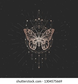 Vector illustration with hand drawn butterfly and Sacred geometric symbol on black vintage background. Abstract mystic sign. Gold linear shape. For you design or magic craft.