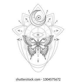 Vector illustration with hand drawn butterfly and Sacred geometric symbol on white background. Abstract mystic sign. Black linear shape. For you design, tattoo or magic craft.