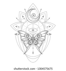 Vector illustration with hand drawn butterfly and Sacred geometric symbol on white background. Abstract mystic sign. Black linear shape. For you design, tattoo or magic craft.