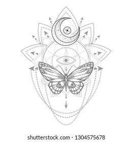 Vector illustration with hand drawn butterfly and Sacred geometric symbol on white background. Abstract mystic sign. Black linear shape. For you design, tattoo or magic craft.