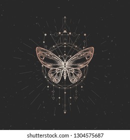 Vector illustration with hand drawn butterfly and Sacred geometric symbol on black vintage background. Abstract mystic sign. Gold linear shape. For you design or magic craft.