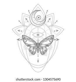 Vector illustration with hand drawn butterfly and Sacred geometric symbol on white background. Abstract mystic sign. Black linear shape. For you design, tattoo or magic craft.