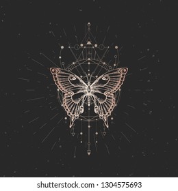 Vector illustration with hand drawn butterfly and Sacred geometric symbol on black vintage background. Abstract mystic sign. Gold linear shape. For you design or magic craft.