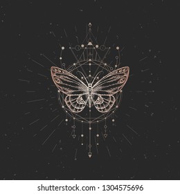 Vector illustration with hand drawn butterfly and Sacred geometric symbol on black vintage background. Abstract mystic sign. Gold linear shape. For you design or magic craft.