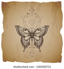 Vector illustration with hand drawn butterfly and Sacred geometric symbol on vintage paper background with torn edges. Abstract mystic sign. Sepia linear shape. For you design or magic craft.