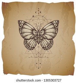 Vector illustration with hand drawn butterfly and Sacred geometric symbol on vintage paper background with torn edges. Abstract mystic sign. Sepia linear shape. For you design or magic craft.