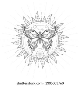 Vector illustration with hand drawn butterfly and Sacred geometric symbol on white background. Abstract mystic sign. Black linear shape. For you design, tattoo or magic craft.