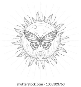 Vector illustration with hand drawn butterfly and Sacred geometric symbol on white background. Abstract mystic sign. Black linear shape. For you design, tattoo or magic craft.