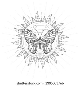 Vector illustration with hand drawn butterfly and Sacred geometric symbol on white background. Abstract mystic sign. Black linear shape. For you design, tattoo or magic craft.