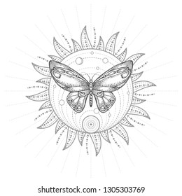Vector illustration with hand drawn butterfly and Sacred geometric symbol on white background. Abstract mystic sign. Black linear shape. For you design, tattoo or magic craft.