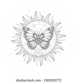 Vector illustration with hand drawn butterfly and Sacred geometric symbol on white background. Abstract mystic sign. Black linear shape. For you design, tattoo or magic craft.