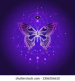 Vector illustration with hand drawn butterfly and Sacred geometric symbol against night starry sky. Abstract mystic sign. Linear shape. For you design or magic craft.