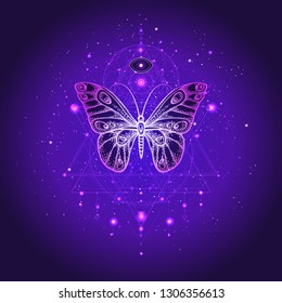 Vector illustration with hand drawn butterfly and Sacred geometric symbol against night starry sky. Abstract mystic sign. Linear shape. For you design or magic craft.