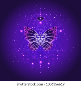 Vector illustration with hand drawn butterfly and Sacred geometric symbol against night starry sky. Abstract mystic sign. Linear shape. For you design or magic craft.