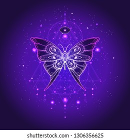 Vector illustration with hand drawn butterfly and Sacred geometric symbol against night starry sky. Abstract mystic sign. Linear shape. For you design or magic craft.