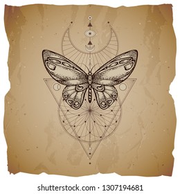 Vector illustration with hand drawn butterfly and Sacred geometric symbol on vintage paper background with torn edges. Abstract mystic sign. Sepia linear shape. For you design or magic craft.