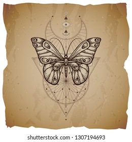 Vector illustration with hand drawn butterfly and Sacred geometric symbol on vintage paper background with torn edges. Abstract mystic sign. Sepia linear shape. For you design or magic craft.