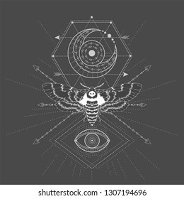 Vector illustration with hand drawn butterfly Dead head and Sacred geometric symbol on black background. Abstract mystic sign. White linear shape. For you design, tattoo or magic craft.