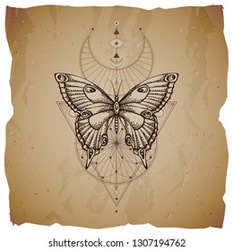 Vector illustration with hand drawn butterfly and Sacred geometric symbol on vintage paper background with torn edges. Abstract mystic sign. Sepia linear shape. For you design or magic craft.