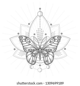 Vector illustration with hand drawn butterfly and Sacred geometric symbol on white background. Abstract mystic sign. Black linear shape. For you design, tattoo or magic craft.