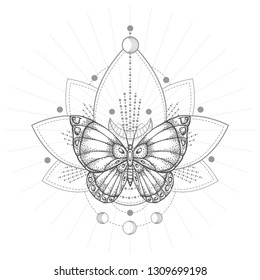 Vector illustration with hand drawn butterfly and Sacred geometric symbol on white background. Abstract mystic sign. Black linear shape. For you design, tattoo or magic craft.