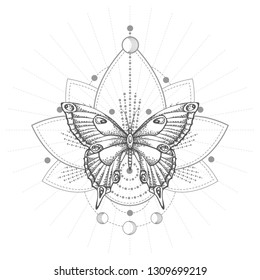 Vector illustration with hand drawn butterfly and Sacred geometric symbol on white background. Abstract mystic sign. Black linear shape. For you design, tattoo or magic craft.