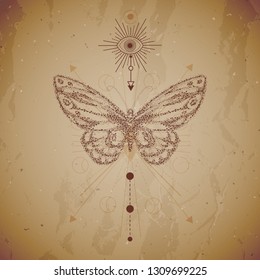 Vector illustration with hand drawn butterfly and Sacred geometric symbol on vintage paper background. Abstract mystic sign. Dot graphics. Dotted contour. For you design or magic craft.