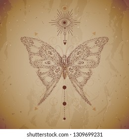 Vector illustration with hand drawn butterfly and Sacred geometric symbol on vintage paper background. Abstract mystic sign. Dot graphics. Dotted contour. For you design or magic craft.