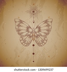Vector illustration with hand drawn butterfly and Sacred geometric symbol on vintage paper background. Abstract mystic sign. Dot graphics. Dotted contour. For you design or magic craft.