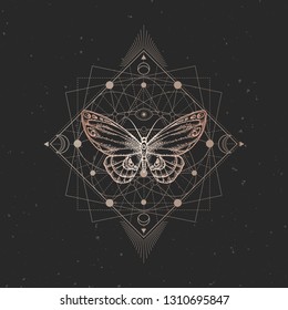 Vector illustration with hand drawn butterfly and Sacred geometric symbol on black vintage background. Abstract mystic sign. Gold linear shape. For you design or magic craft.