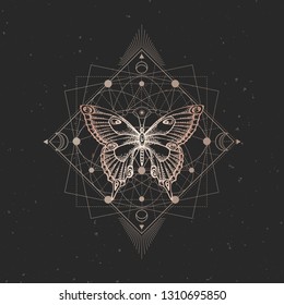 Vector illustration with hand drawn butterfly and Sacred geometric symbol on black vintage background. Abstract mystic sign. Gold linear shape. For you design or magic craft.