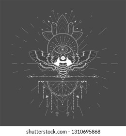 Vector illustration with hand drawn butterfly Dead head and Sacred geometric symbol on black background. Abstract mystic sign. White linear shape. For you design, tattoo or magic craft.