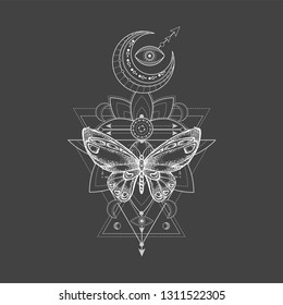 Vector illustration with hand drawn butterfly and Sacred geometric symbol on black background. Abstract mystic sign. White linear shape. For you design, tattoo or magic craft.