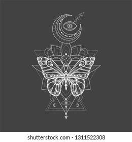 Vector illustration with hand drawn butterfly and Sacred geometric symbol on black background. Abstract mystic sign. White linear shape. For you design, tattoo or magic craft.