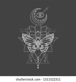 Vector illustration with hand drawn butterfly and Sacred geometric symbol on black background. Abstract mystic sign. White linear shape. For you design, tattoo or magic craft.
