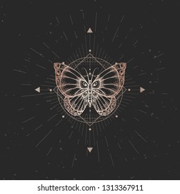Vector illustration with hand drawn butterfly and Sacred geometric symbol on black vintage background. Abstract mystic sign. Gold linear shape. For you design or magic craft.