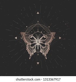 Vector illustration with hand drawn butterfly and Sacred geometric symbol on black vintage background. Abstract mystic sign. Gold linear shape. For you design or magic craft.