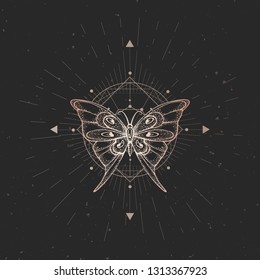 Vector illustration with hand drawn butterfly and Sacred geometric symbol on black vintage background. Abstract mystic sign. Gold linear shape. For you design or magic craft.