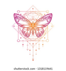Vector illustration with hand drawn butterfly and Sacred geometric symbol on white background. Abstract mystic sign. Colored linear shape. For you design, tattoo or magic craft.